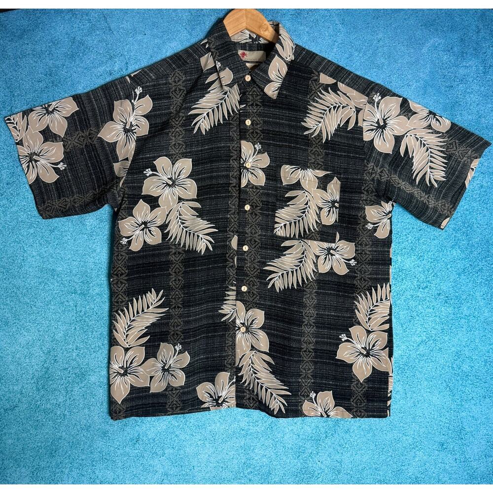 Extreme Gear Mens L Hawaiian Shirt Gray Tan Floral 100% Poly Made in Korea